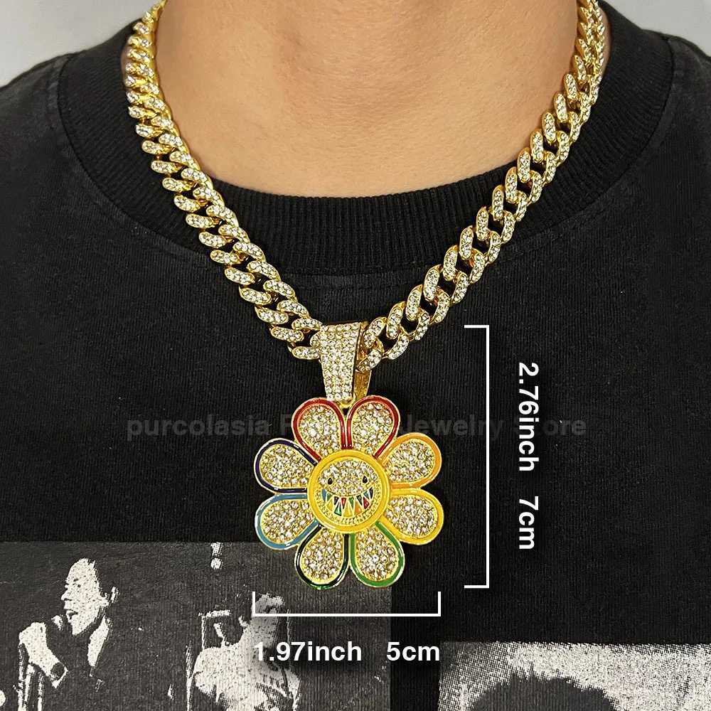 Shiny Cuban Chain Hip Hop Necklace for Men Wen Colorf Suower Pendant d Out Fl Rhinestones Accessories Jewelry X250224