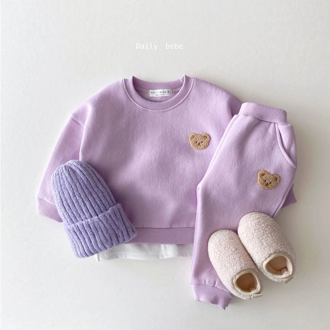 Korean Baby Boys Winter Clothes Sets Warm Bear Velvet Fleece Lined Pullover Sweatshirt TopsHarem Pants 2pcs Girl Sports Outfits 250224