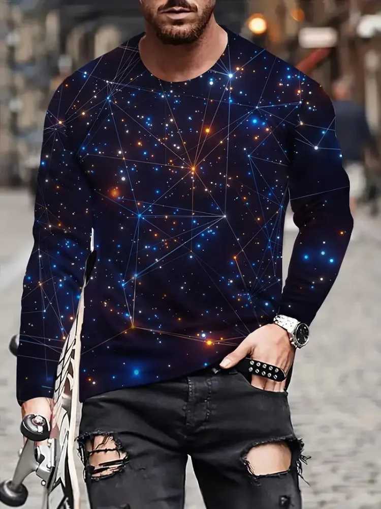 Colorful Starry Sky 3D Printed Mens Crewneck Long Sleeve Urban Street Fashion Trend Mens T-shirt Loose Casual Mens Shirt W250224