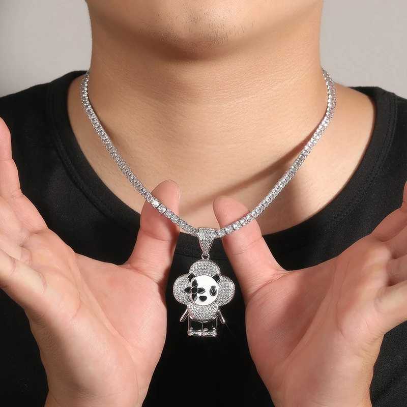 Hip Hop 5A+CZ Stone Paving Sparkling Suower Panda Clown Pendant Necklace Mens Rap Singer Jewelry Dropping Singing X250224