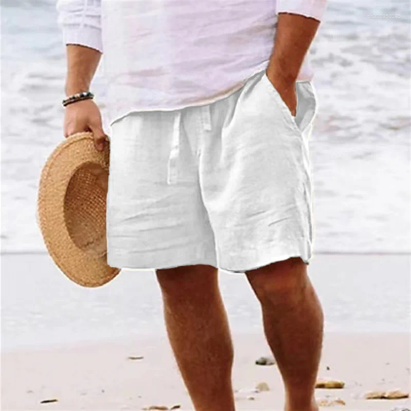 Men's Shorts Cotton Linen Men Short Pants Summer Solid Drawstring Elastic Waist Pockets Male Casual Streetwear Beach