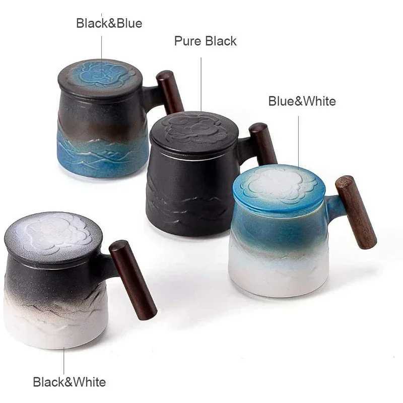 Luxury Vintage Mug Ceramic Tea Cup Thermal Coffee Cups and Mugs with Infuser Wooden Handle Milk Breakfast Cups Personzed GiftC250224
