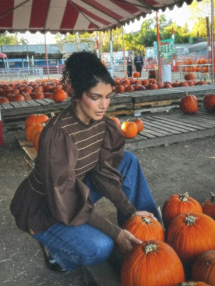 Vintage Striped Women Pleated Printed Blouse Fashion Round Neck Long Sleeves Slim Shirt Spring Female High Street Outerwear 250222