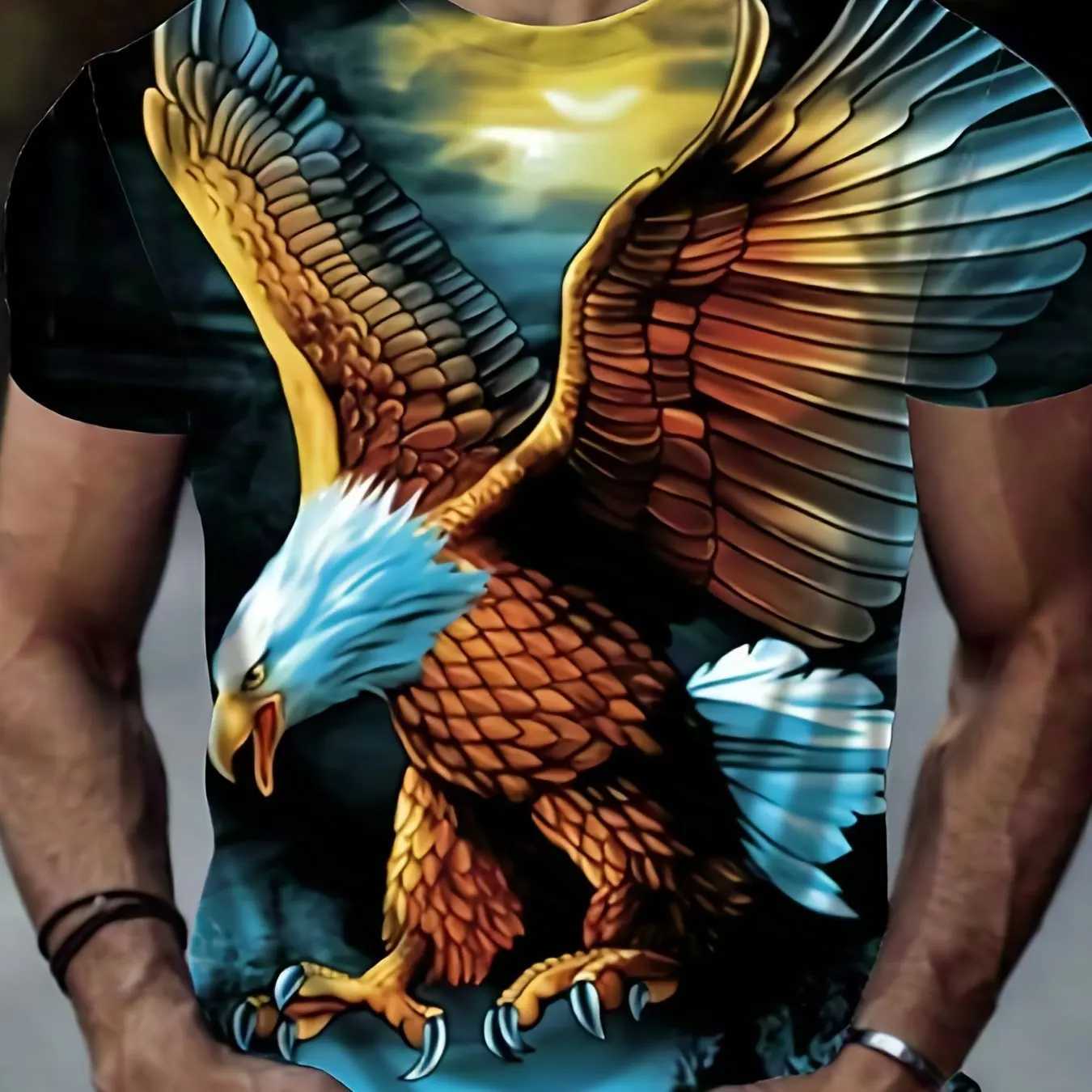 Mens plus size 3D eagle animal pattern printed T-shirt fashionable short sleeved summer top mens clothing W250224