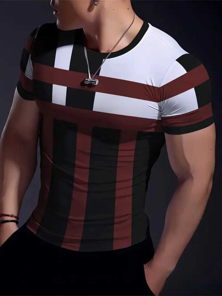 Simple striped patchwork printed mens casual T-shirt sporty and breathable mens top Harajuku street trend short sleeved shirt W250224