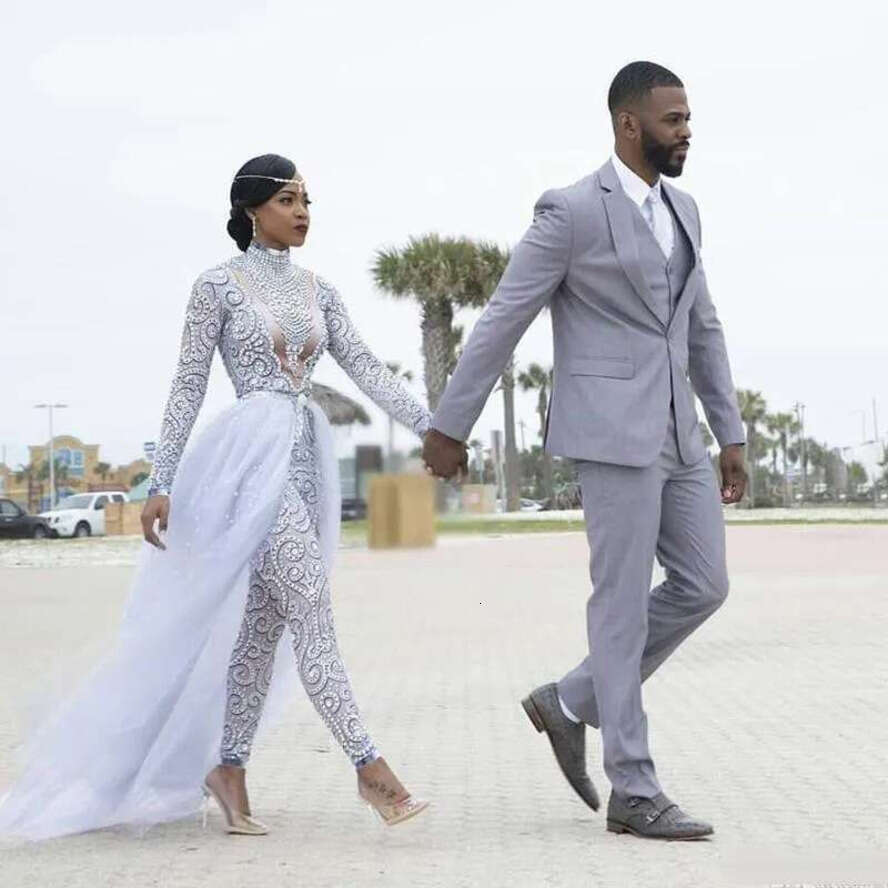 Wedding Dress Gorgeous Jumpsuits With Detachable Train High Neck Beads Crystal Long Sleeves Modest Dresses African Bridal Gowns