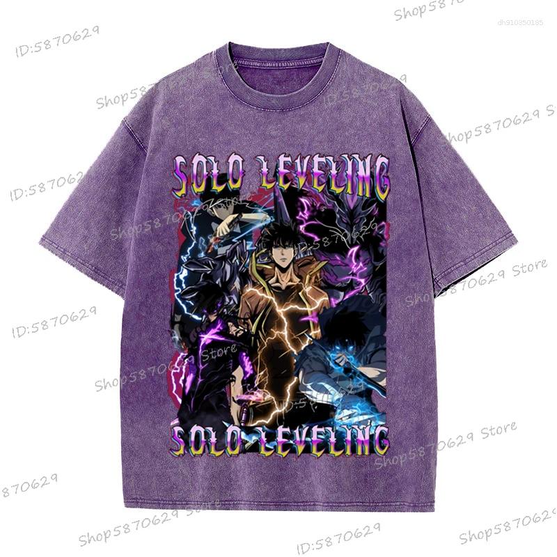 Men's T Shirts Anime Solo Leveling Shirt Cotton Vintage Washed Sung Jin Woo T-shirts Streetwear Retro Manga Men Women Tops
