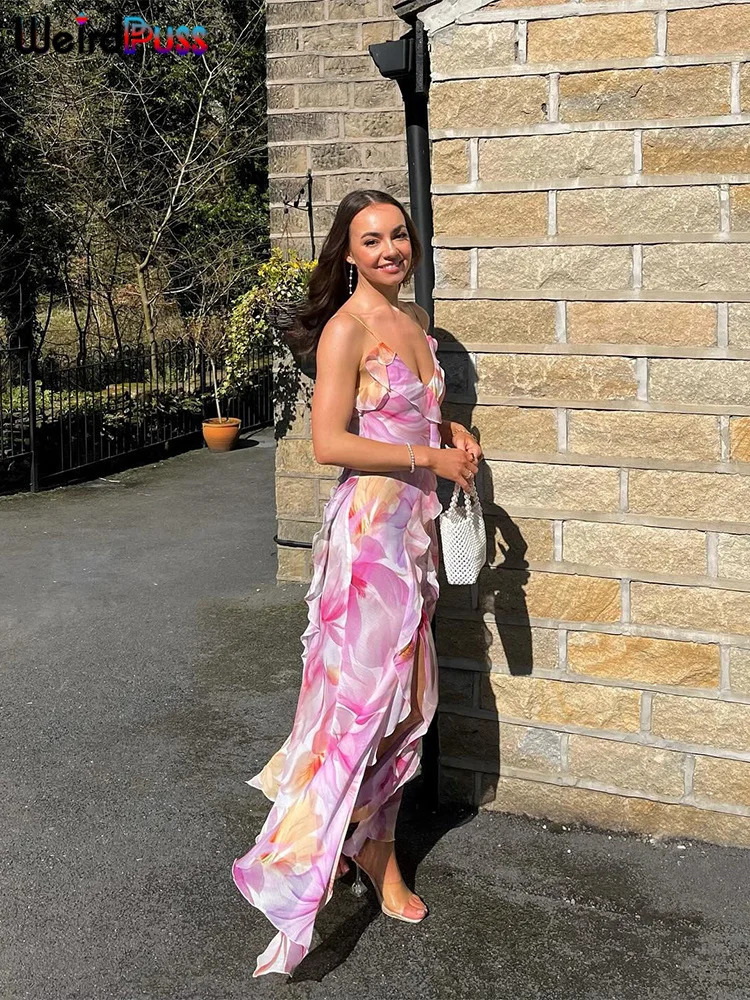 Weird Puss Flower Print Dress Woman Summer Strapless Splits Irregular Tassel Patchwork Backless Bandage Party Skinny Vestidos 250222