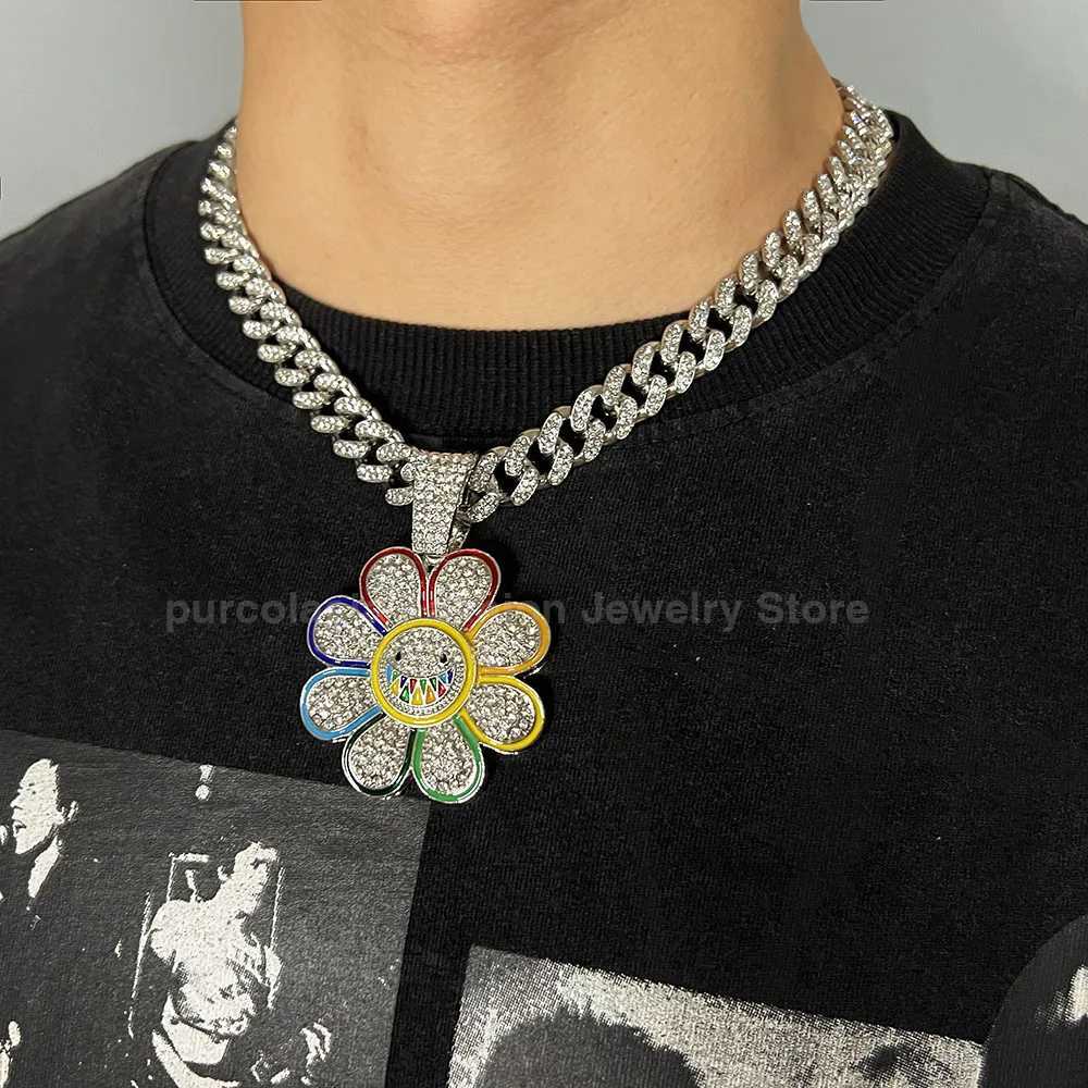 Shiny Cuban Chain Hip Hop Necklace for Men Wen Colorf Suower Pendant d Out Fl Rhinestones Accessories Jewelry X250224