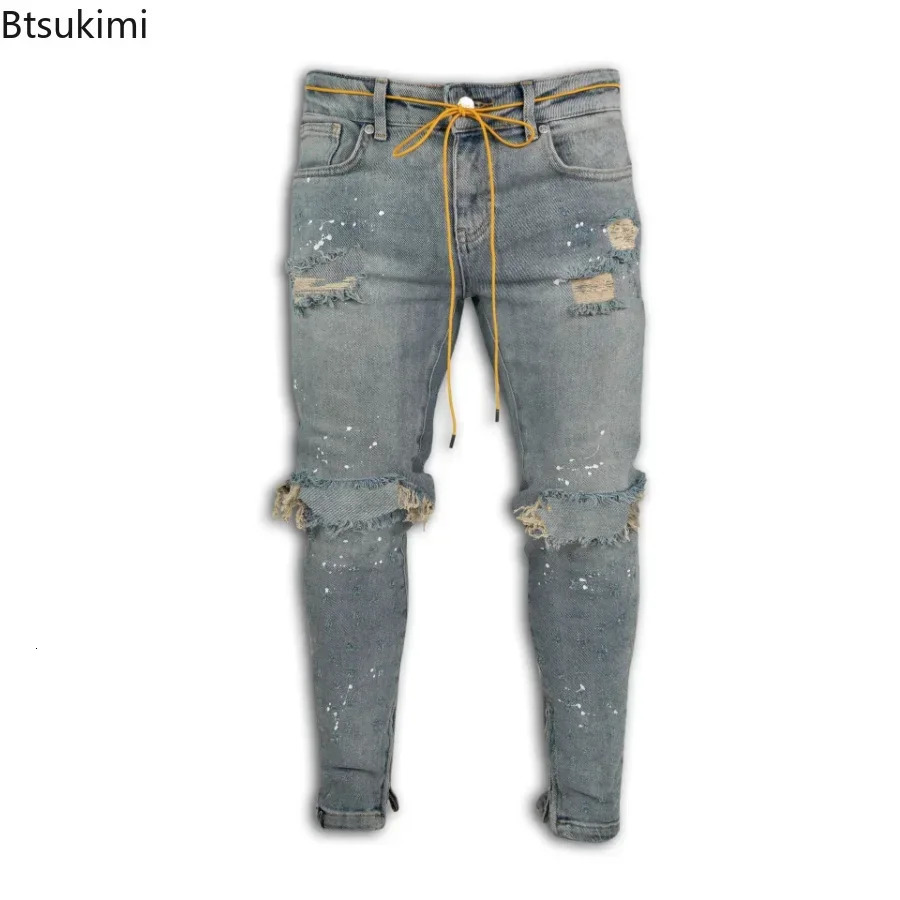 ripped hole jeans mens hip-hop cargo pants Distressed denim jeans tight fitting mens clothing full-length ultra-thin mens clothing 250219