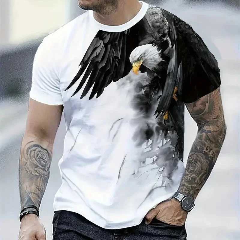 Tropical mens white T-shirt with animal eagle print top fashion mens short sleeved casual sports mens top loose plus size W250224