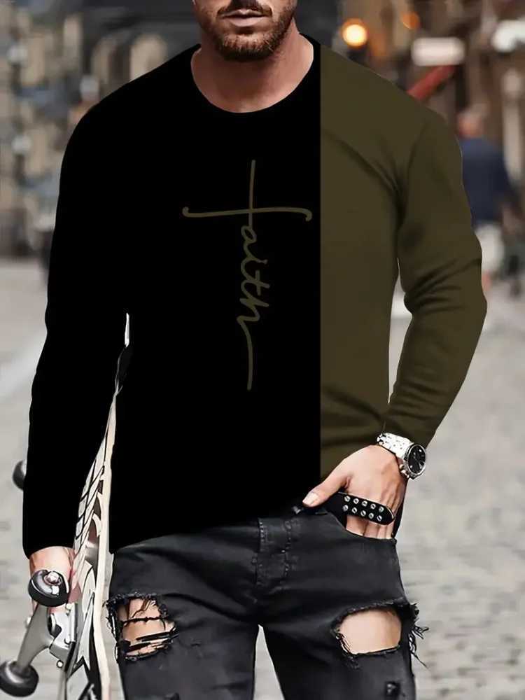 Fashion Trend Mens Crew-neck Long Sleeves Cross 3D Printed Mens Casual Pullover T-shirt Casual All-match Mens Top S-5XL W250224