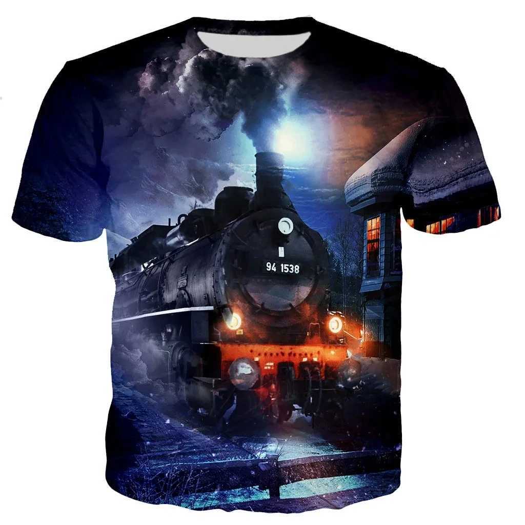 Fashion Trend Summer New Retro Train Engine Pattern Printed Mens T-shirt Street Fashion Cool Round Neck Plus Size Top W250224