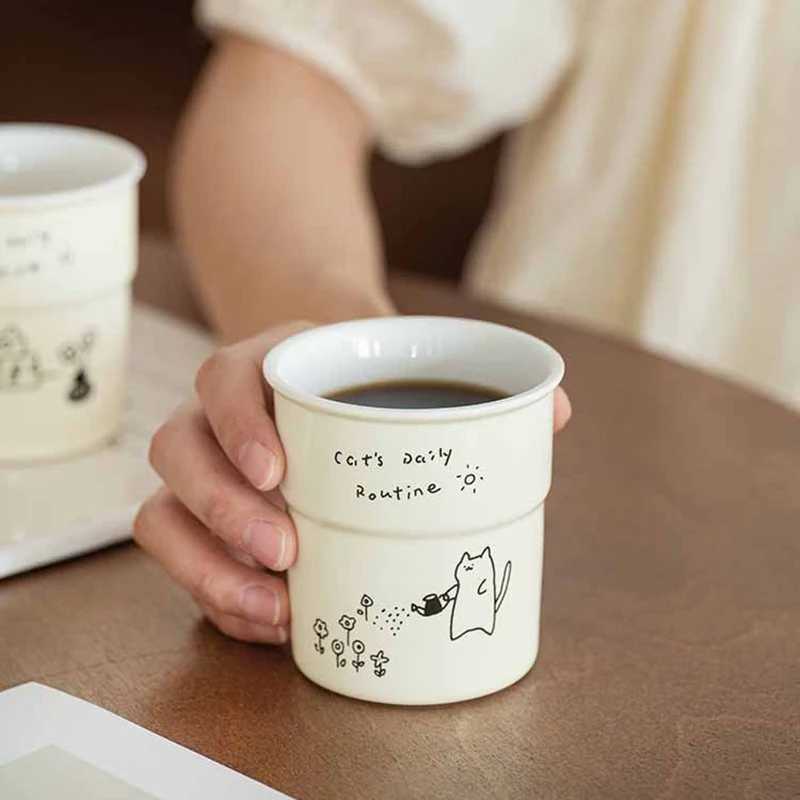 225ml Print Mug Coffee Cup Simple Cute Cat illustrations Pattern Oat Milk Latte Breakfast Cup Office Home Water Cups Mug GiftC250224