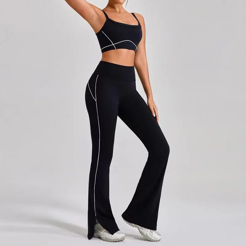 Summer 2pcs Patchwork Sport Yoga Suit High Waist Flare Split Leggings Women Outfit Fitness Workout Set Sportwear Women Tracksuit 250221