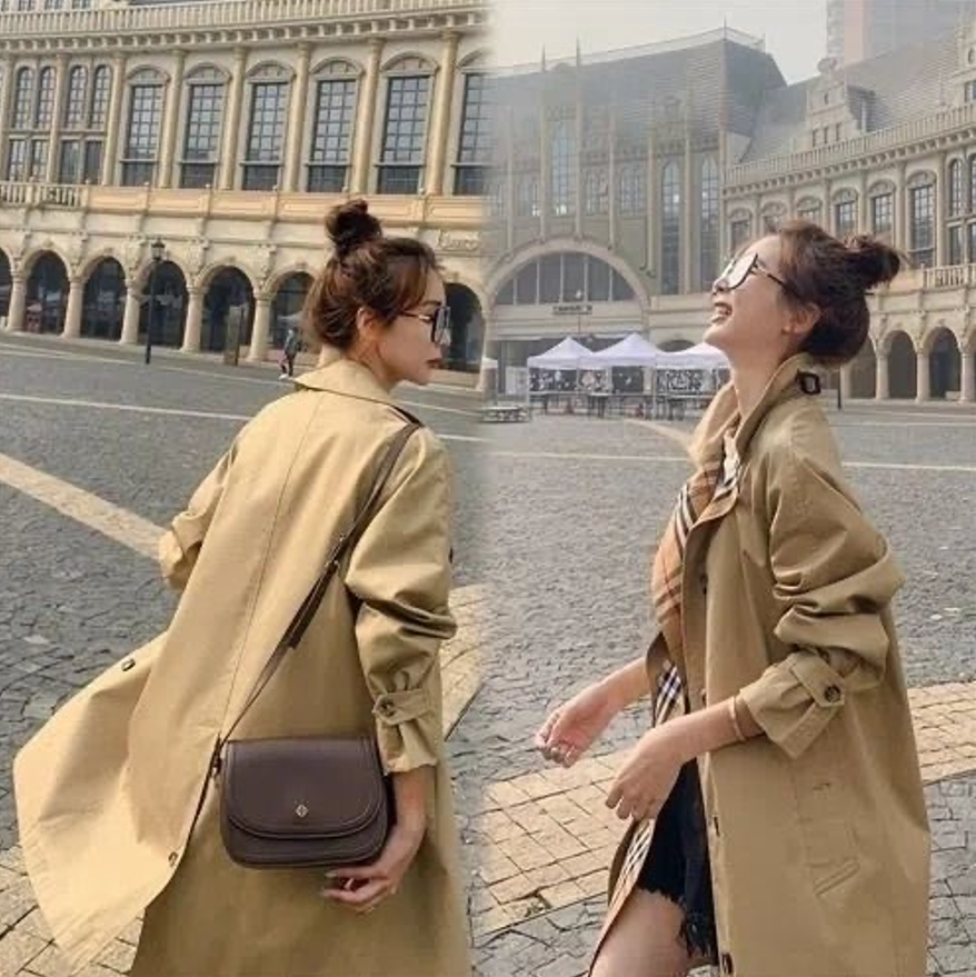 Spring Summer Womens Windproof Jacket Fashion Medium length Style British Style Fake Two Loose Women's Mid-Length Trench Coats