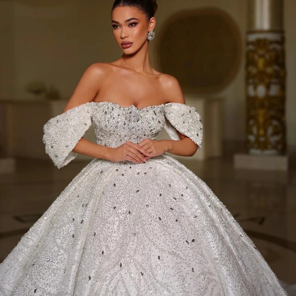Exquisite Ball Gown Wedding Dress For Women Off Shoulder Sleeveless Bridal Gowns Crystal Sequins Sweep Train Dresses Custom Made vestidos de novia
