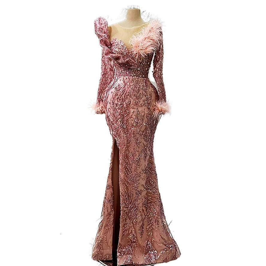 Ebi Aso Arabic Pink Mermaid Prom Dress Feather Crystals Evening Formal Party Second Reception Birthday Engagement Gowns Dresses Robe De Soiree Sh