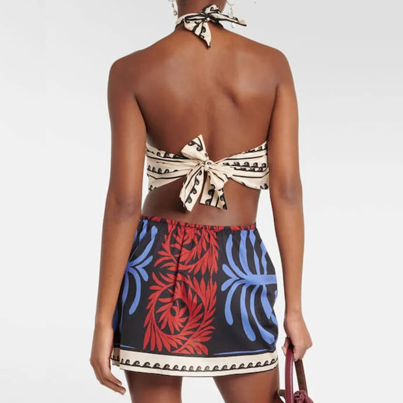 Sexy Halter Pattern Printed Mini Dress Summer Hollow Off Shoulder Bohemian Womens Fashion Lace Up Backless Short Dresses 250222