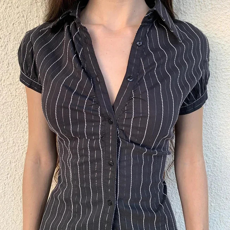 Y2K Striped Blouse Womens Summer French Style Button-up Turn-down Collar Shirt Vintage Streetwear Chic Elegant Tops 250224