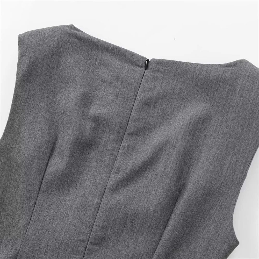 TRAF Autumn womens clothing fashion temperament waist pleated decoration round neck sleeveless long skirt Midi dress 250222