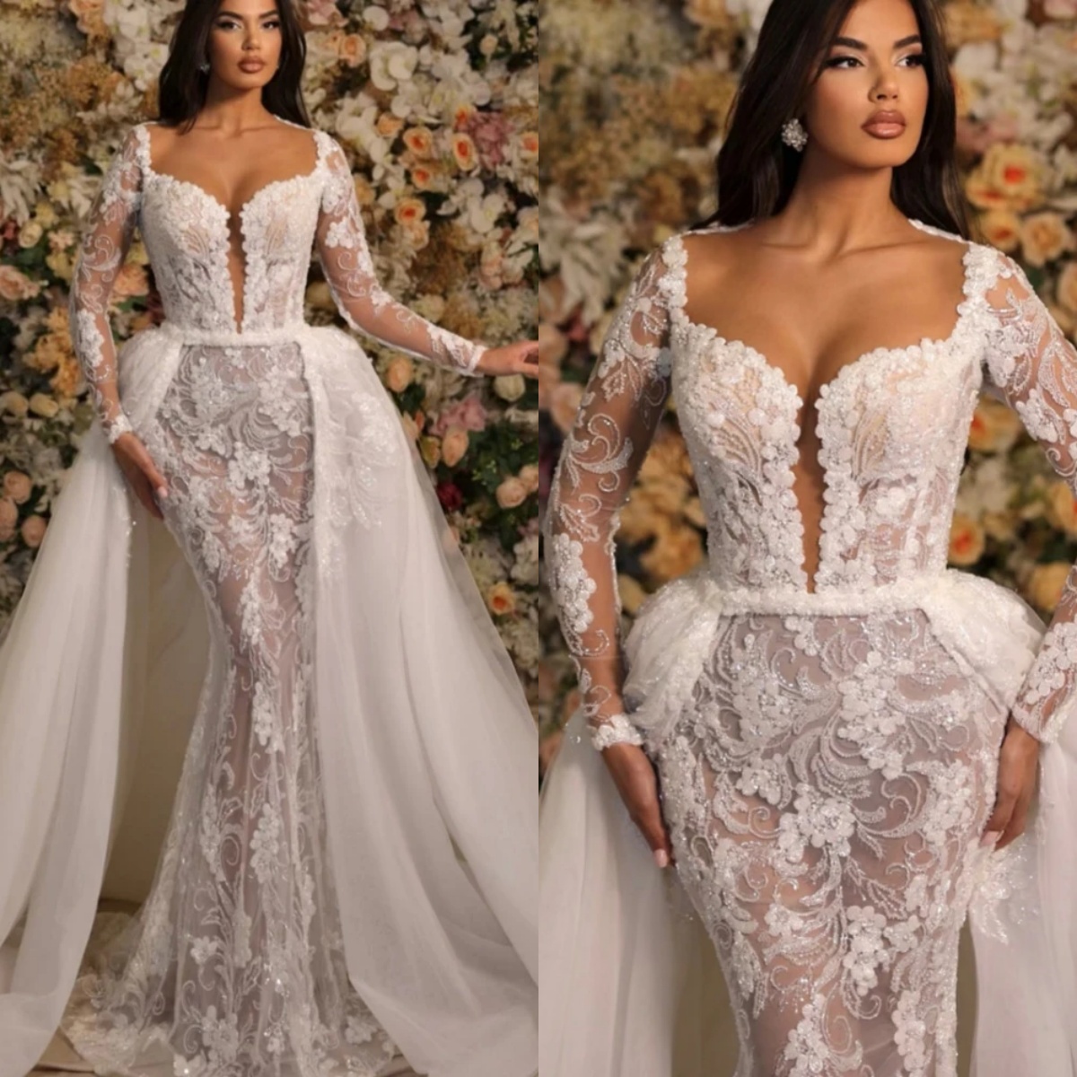 Simple Mermaid Wedding Dress Sweetheart Neck Long Sleeves Bridal Gowns Appliques Sequins Detachable Train Dresses Custom Made vestidos de novia
