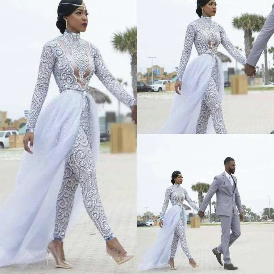Wedding Dress Gorgeous Jumpsuits With Detachable Train High Neck Beads Crystal Long Sleeves Modest Dresses African Bridal Gowns