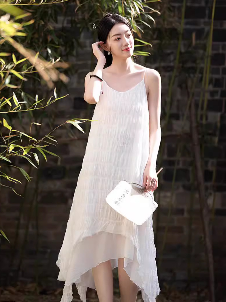 H12260 Plant-dyed wrinkled jacquard irregular niche suspender long skirt female travel shooting fairy slim dress