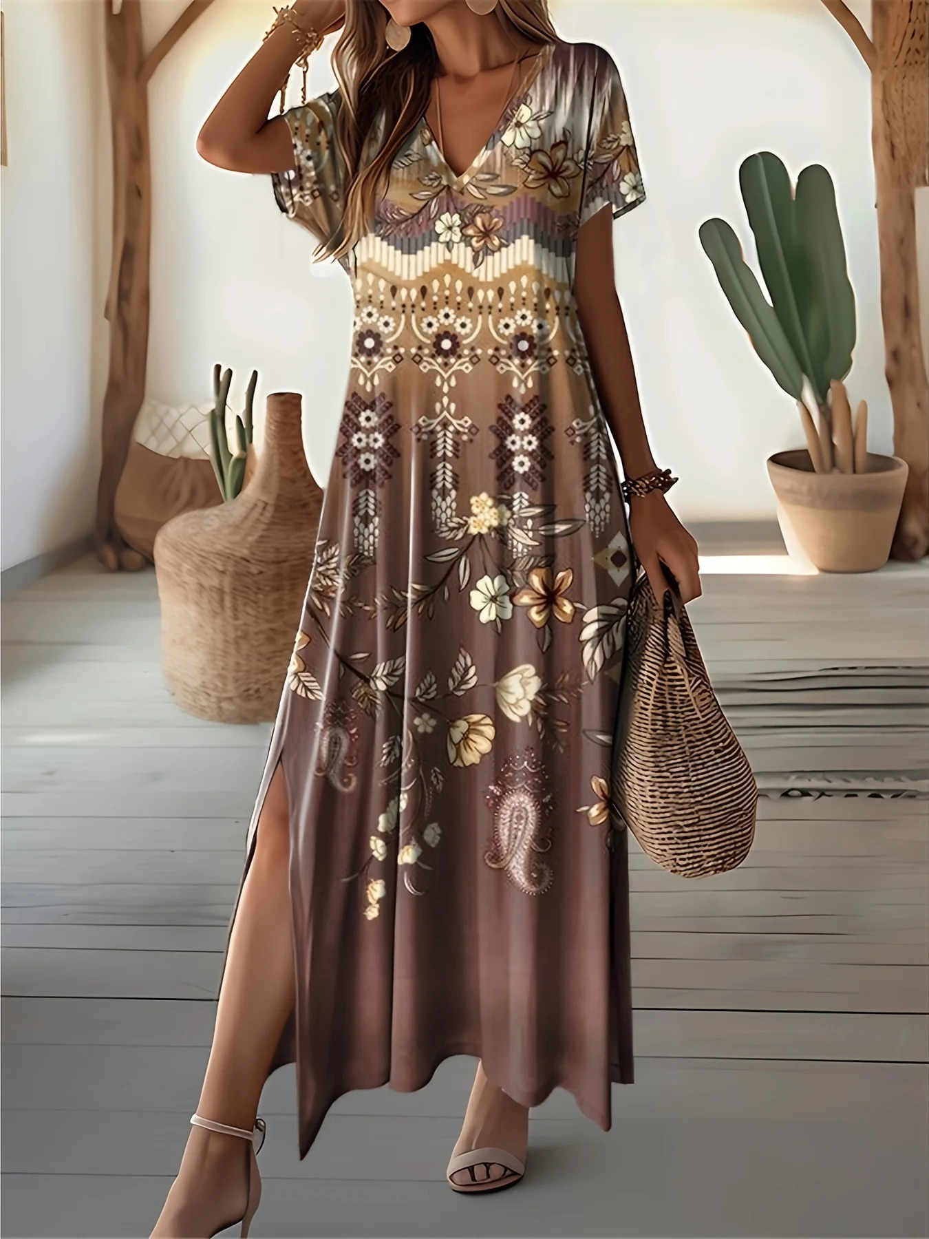 Retro Floral Print Dresses For Womens Plus Size VNeck Female Long Elegant Short Sleeve Dress Fashion Summer 250222