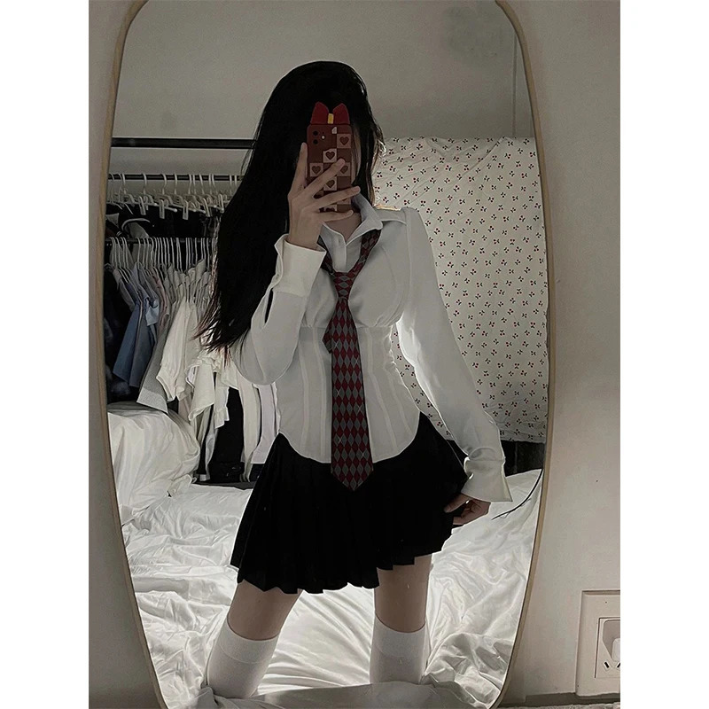 Y2K White Shirts Women Streetwear Tunic Long Sleeve Crop Tops Students Jk Preppy Korean Fashion Basic Slim All Match Blouses 250224