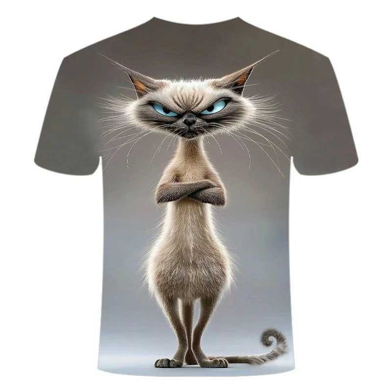 Interesting Angry Cat Graphic T-shirt Summer Fashion Short Sleeve Interesting 3D Animal Printing Mens and Womens T-shirt Casual Extra Large T-shirt W2