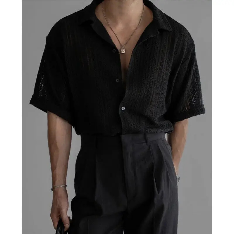 Vintage Cuban Collar Hollow Short Sleeved Shirt Men Korean Fashion Loose Casual Shirts Gentlemans Lazy Style Shirt Men Clothing 250222