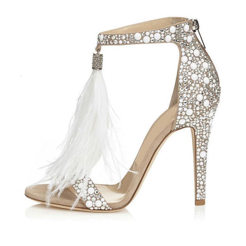 Summer new women's sandals sexy slim and fashionable feather rhinestone exposed toe size