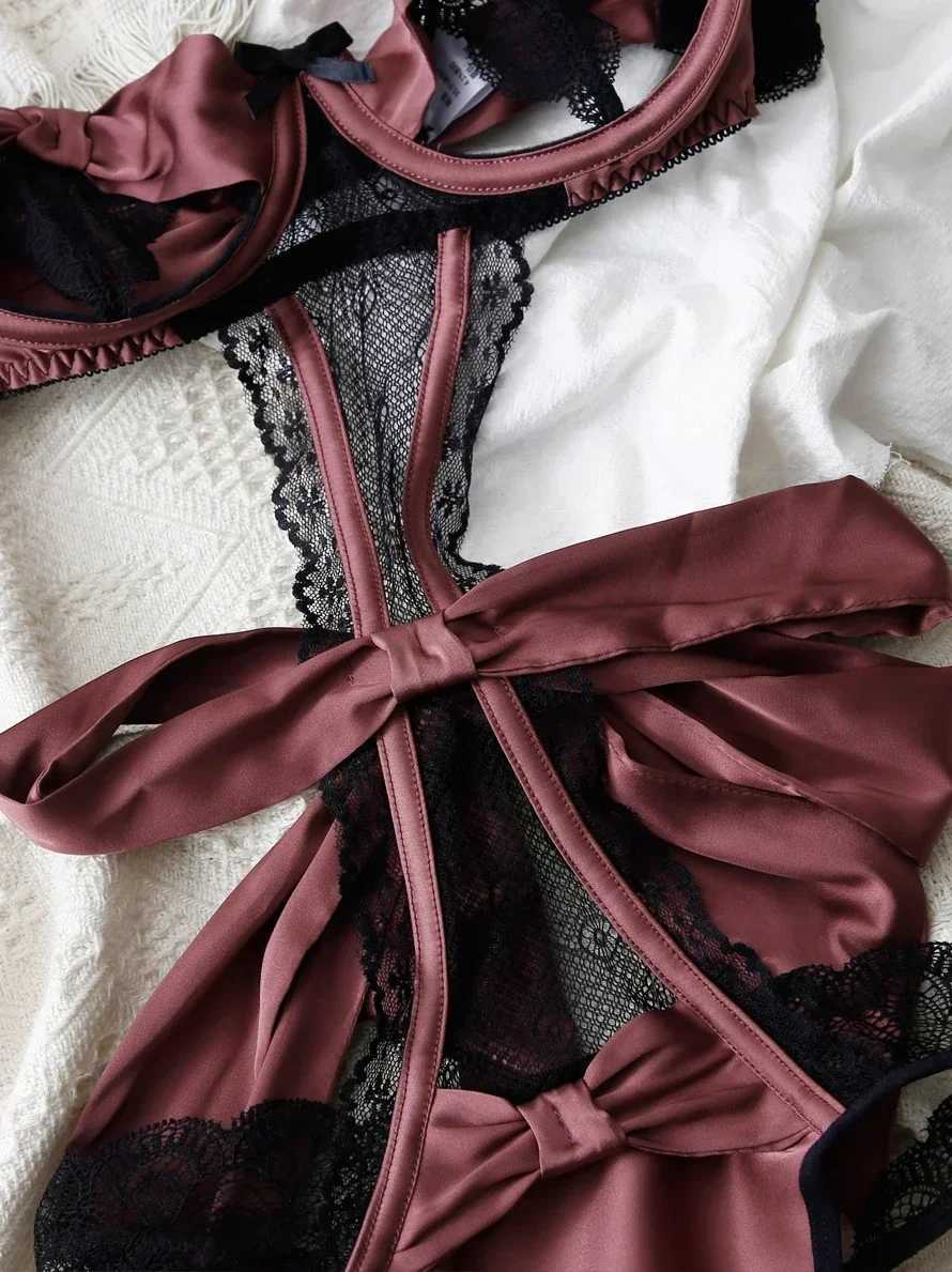 Open Cupless Bra Crotchless Bodysuit Lingerie Backless Bow Lace-up Nightwear Teddy Sexy Lingerie For Women Body Suit 2024 W250224