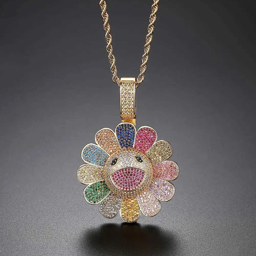Golden Smile Chrysanthemum Cubic Zirconia Necklace Hip Hop Color CZ Pendant Mens Luxury Fashion High Quality Jewelry Gift X250224