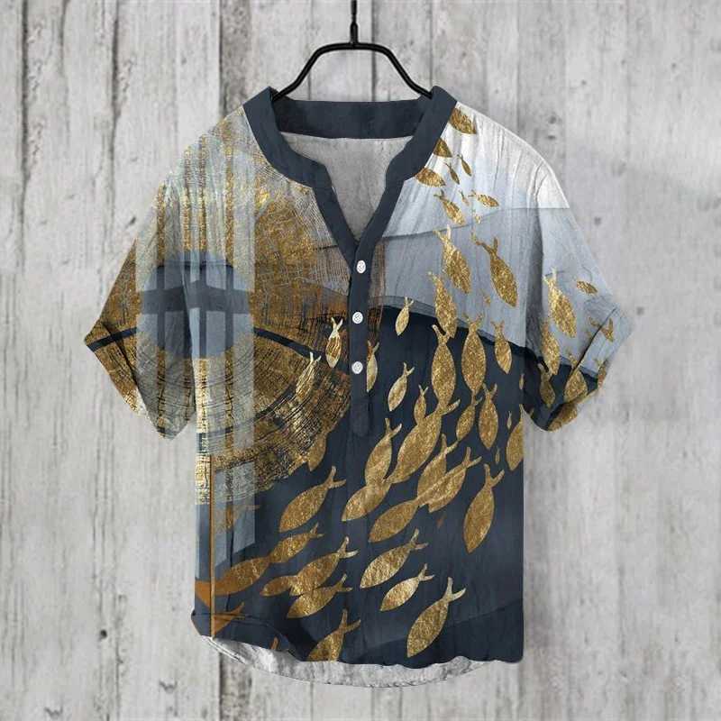 Mens short sleeved shirt retro high-quality linen fabric Chinese style trendy mens outfit button up top V-neckT250224