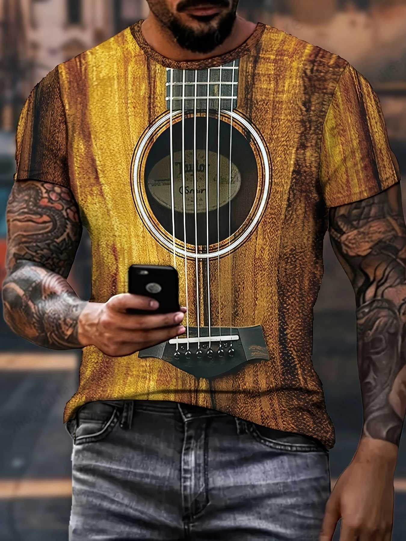 3D printed T-shirt for musical instrument guitar mens fashion short sleeved T-shirt childrens hip-hop top T-shirt W250224