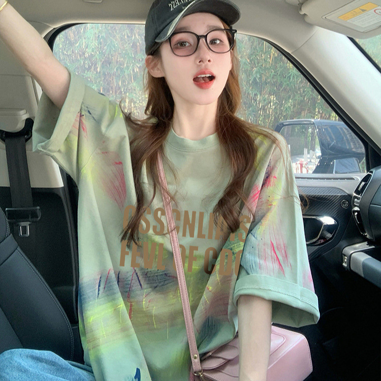 Minimalist style western-style letter graffiti pure cotton medium to long length t-shirt womens high-end colorful tie dye loose fitting meat cover top