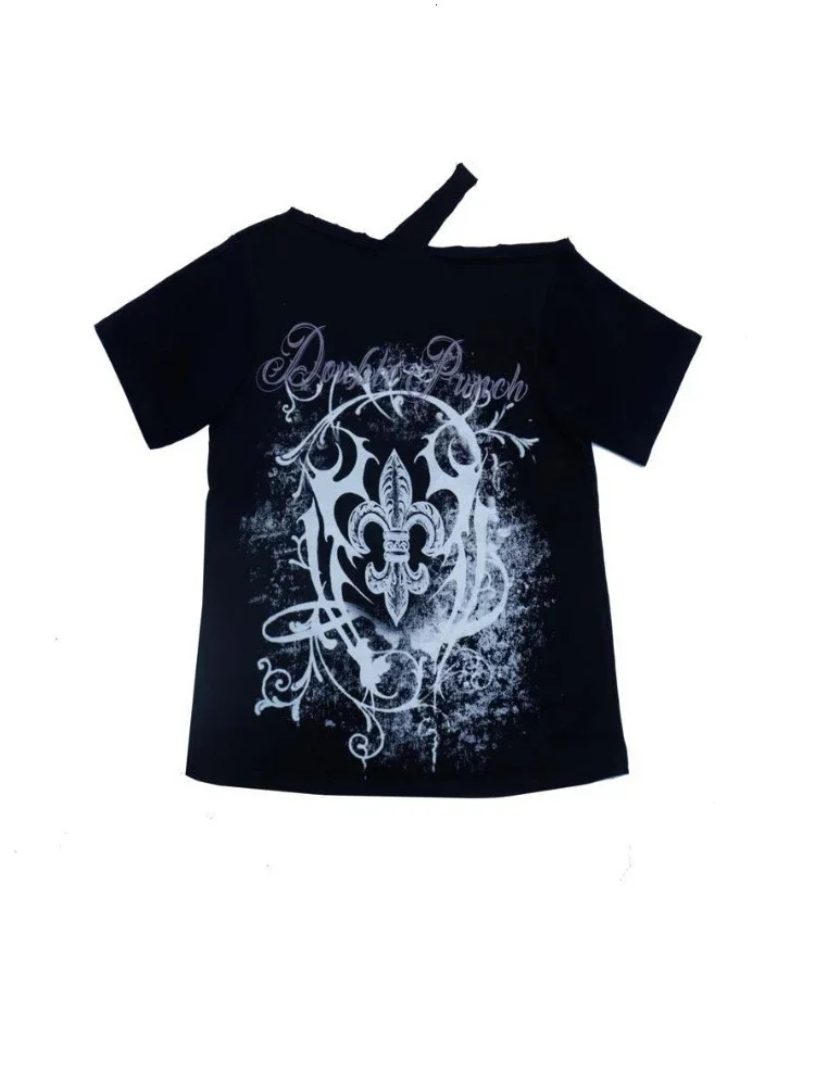 KOSAHIKI Off Shoulder T-Shirt Women Short Sleeve Street Hip Hop Goth Casual Harajuku Grunge Y2k Tops Vintage Printed Tees 2025 250224