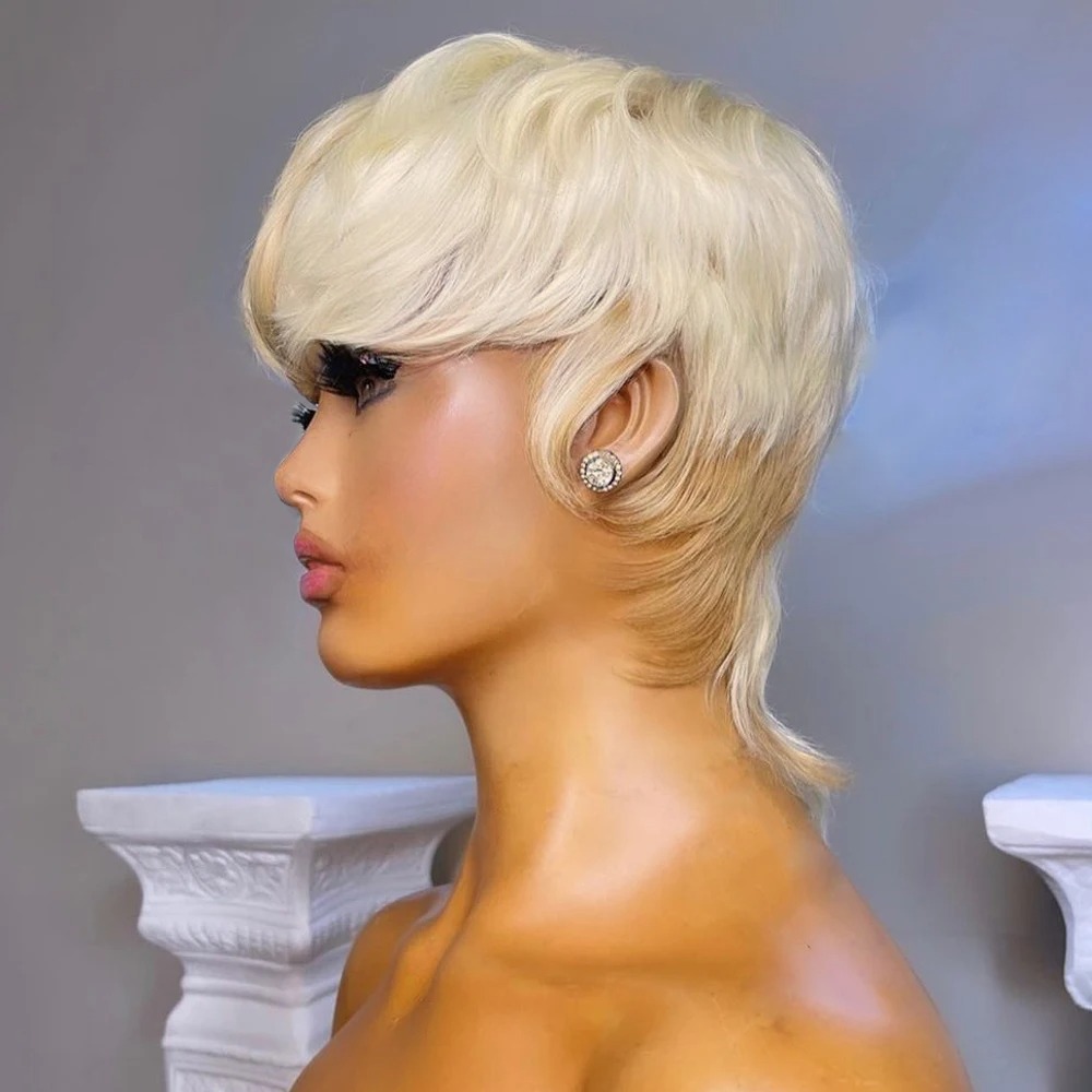 Peruvian Soft 613 Blonde Human Mullet for Women Short Pixie Cut with Bangs Full Lace Layered Hair Wigs Cosplay Party Daily Use Wig
