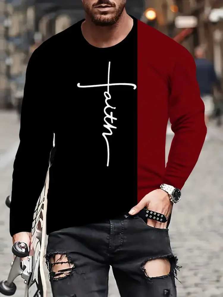 Fashion Trend Mens Crew-neck Long Sleeves Cross 3D Printed Mens Casual Pullover T-shirt Casual All-match Mens Top S-5XL W250224