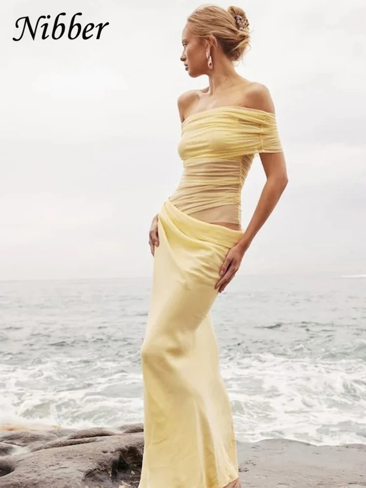 Nibber Ruched Irregular Dress Women Mesh Patchwork Slash Neck Short Sleeve Skinny Stretch Trend Elegant Long Bodycon Outfits 250222