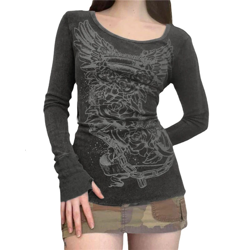 Xingqing 2000s Graphic T Shirt Vintage Fairy Grunge Floral Wings Print Long Sleeve Tops y2k Women Clothes Basic Harajuku Tee 250224