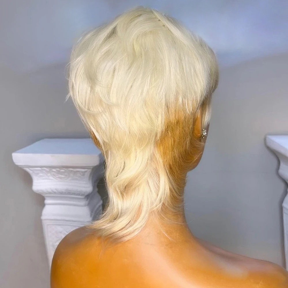 Peruvian Soft 613 Blonde Human Mullet for Women Short Pixie Cut with Bangs Full Lace Layered Hair Wigs Cosplay Party Daily Use Wig