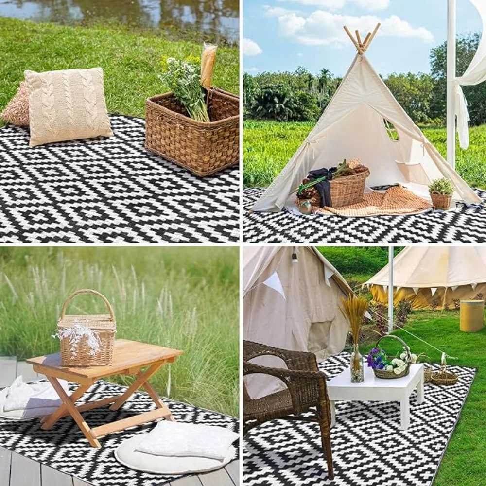 MiRcle Sweet Waterproof Outdoor Rug 4X6 ft Rrsible Black White Plastic Straw Patio Carpet for Camping 120X180cm Floor Mat Z250222