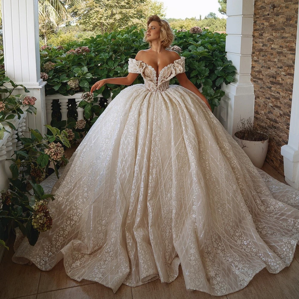 Gorgeous Ball Gown Wedding Dress For Women Sweetheart Neck Off Shoulder Bridal Gowns Sequins Appliques Sweep Train Dresses Custom Made vestidos de nov
