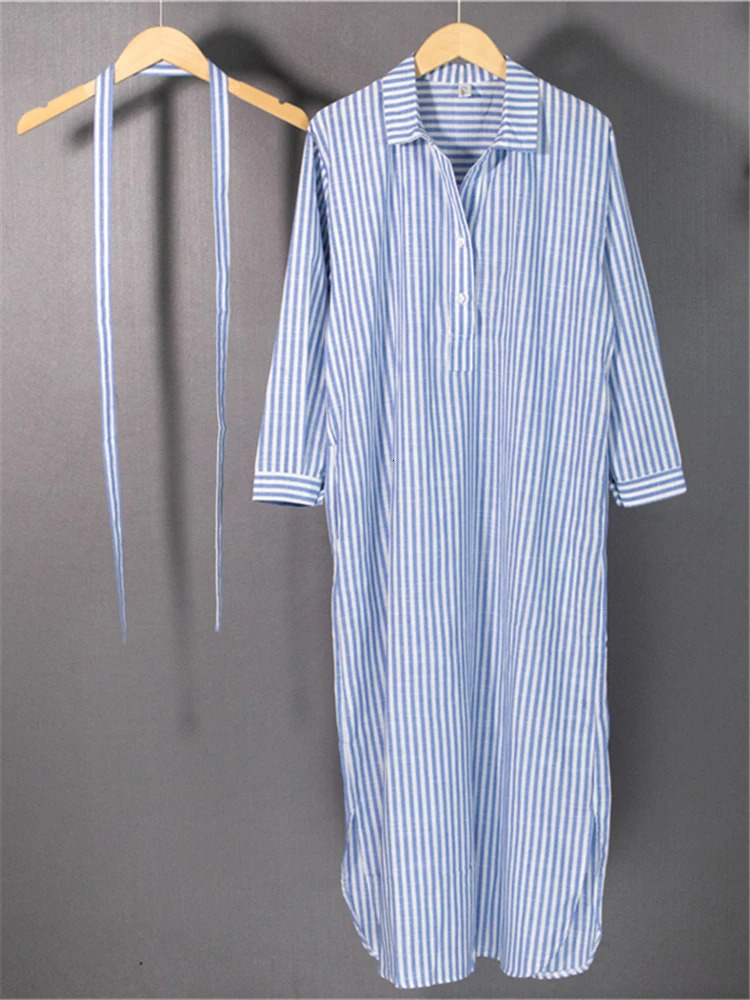 Colorfaith DR2268 Striped Lace Up Cotton and Linen Shirt Dress Spring Summer Women Korean Fashion Chic Long Dresses 250222