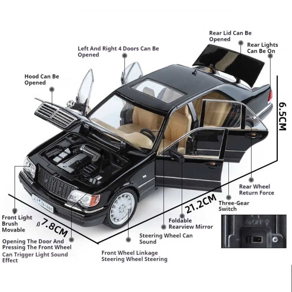 1/24 W140 320 SEL Model Car Alloy Diecast Models 6 Door Can Be Opened Sound Light Pull Back Rubber Tires Toy Decoration Gift Free shipping