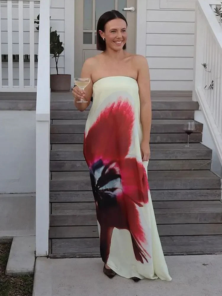 Floral Printed Strapless Loose Robes Women Sexy Off Shoulder Sleeveless Backless Maxi Dress Fashion Lady Party Vestidos 250222