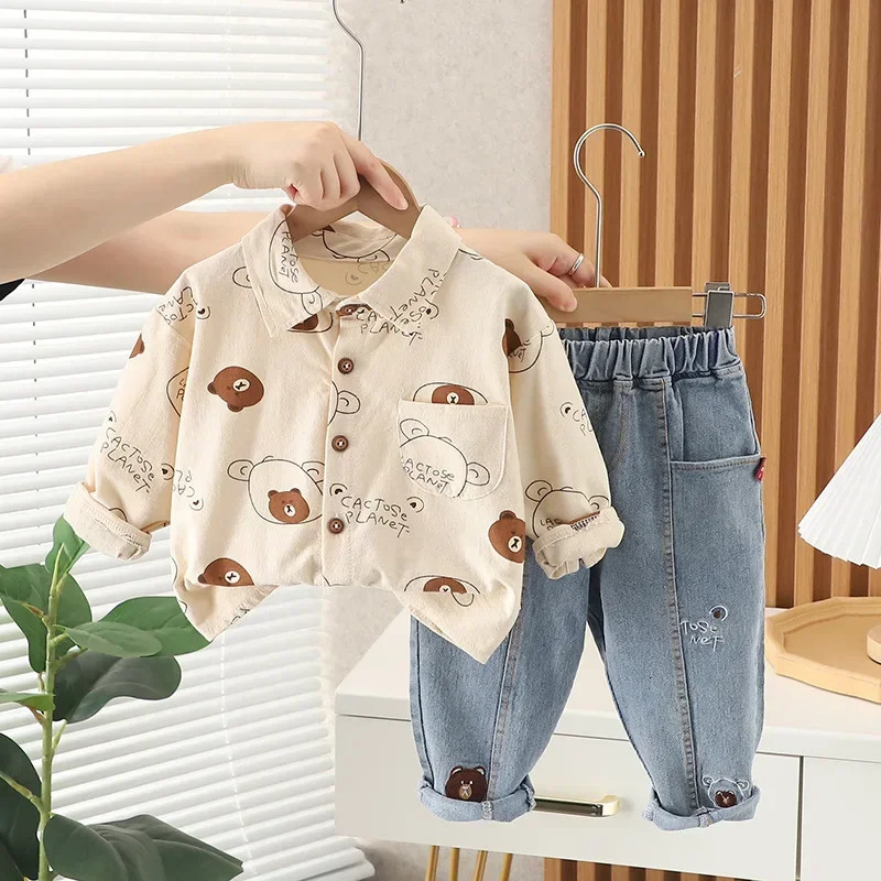 Spring Autumn Boys Clothing Set Full Print Cartoon Bear ShirtJeans 2Pcs Suit For Kids Children Outfit For 1-5 Years Old Kids 250224